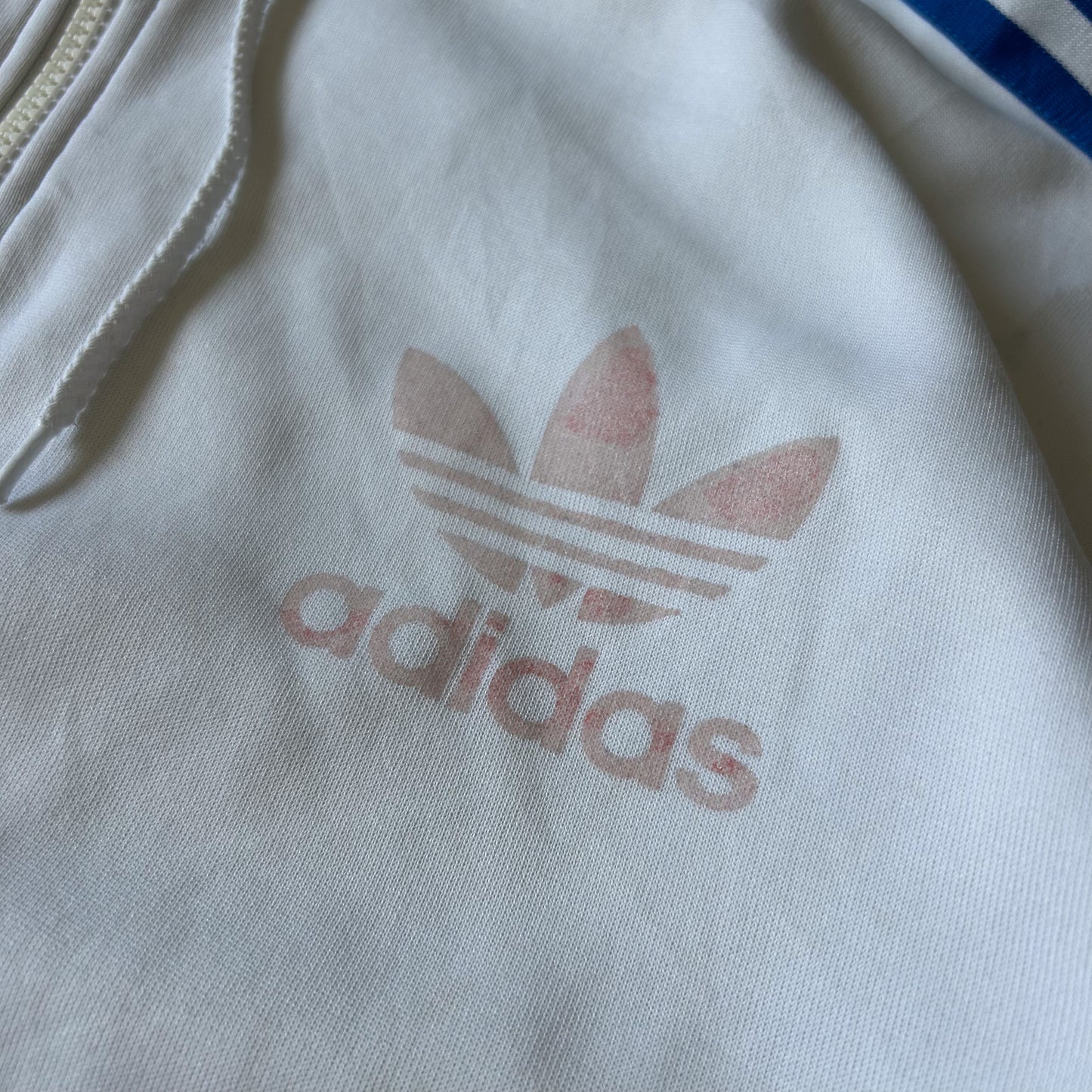 Adidas Vintage White Hoodie with Blue Stripes
