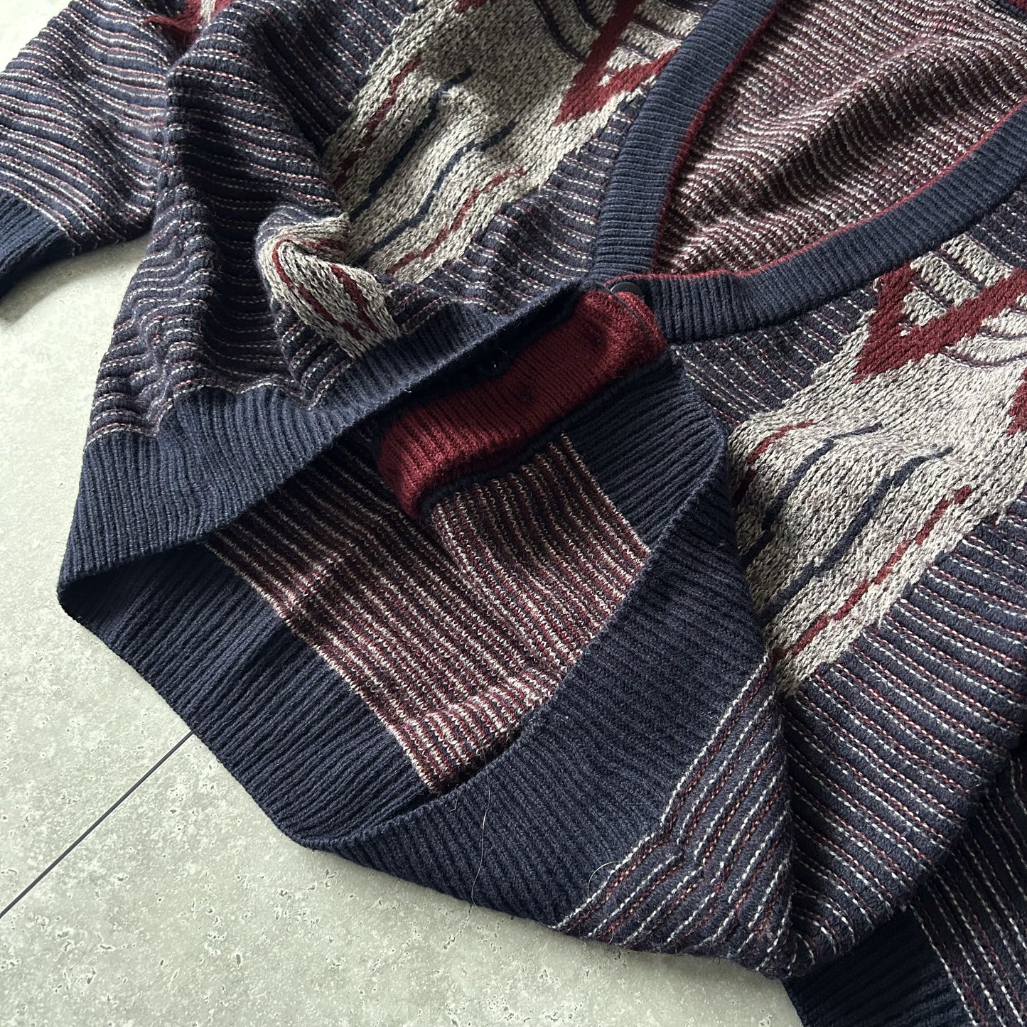 Vintage Geometric Knit Cardigan - Navy, Cream & Burgundy (Men's)