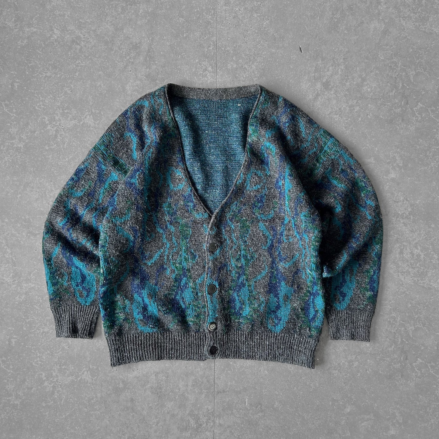 Grey & Teal Abstract Pattern Knit Cardigan, Men's V-Neck Button Front