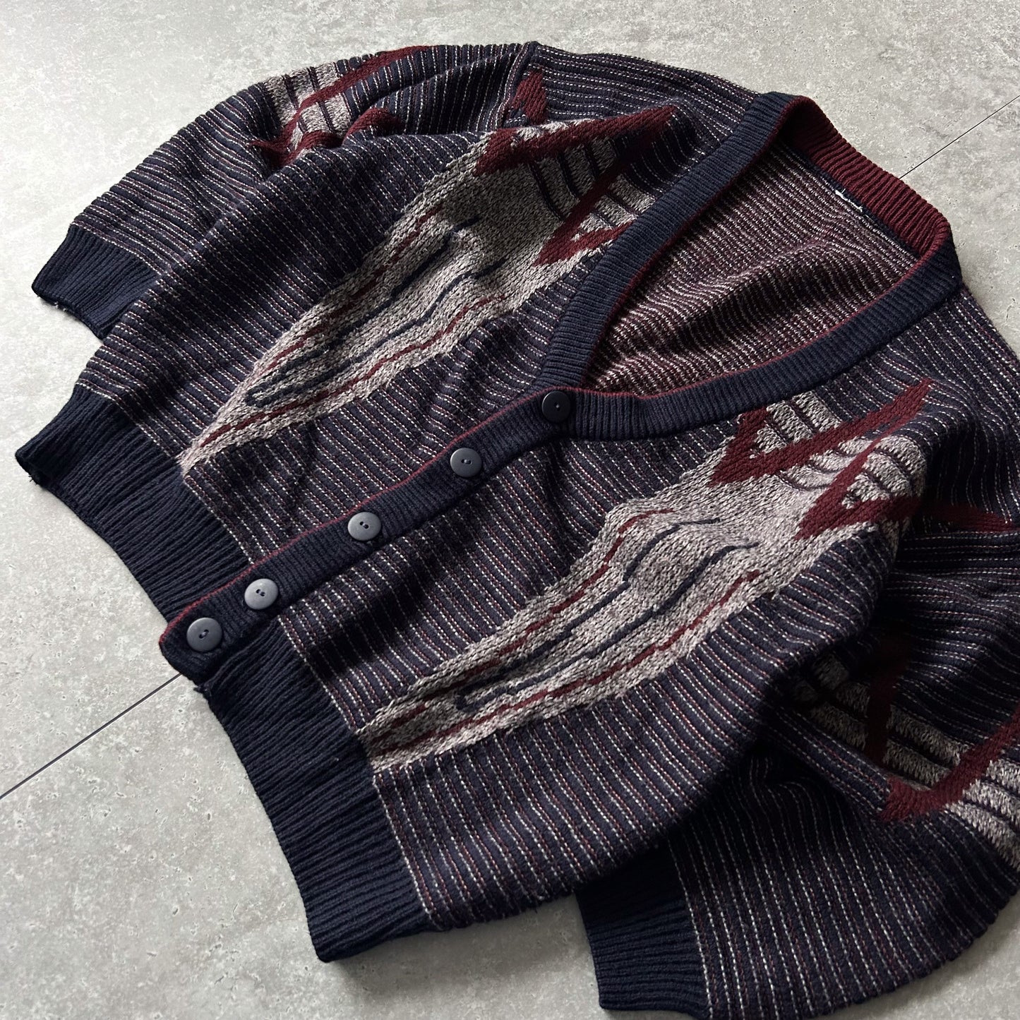 Vintage Geometric Knit Cardigan - Navy, Cream & Burgundy (Men's)