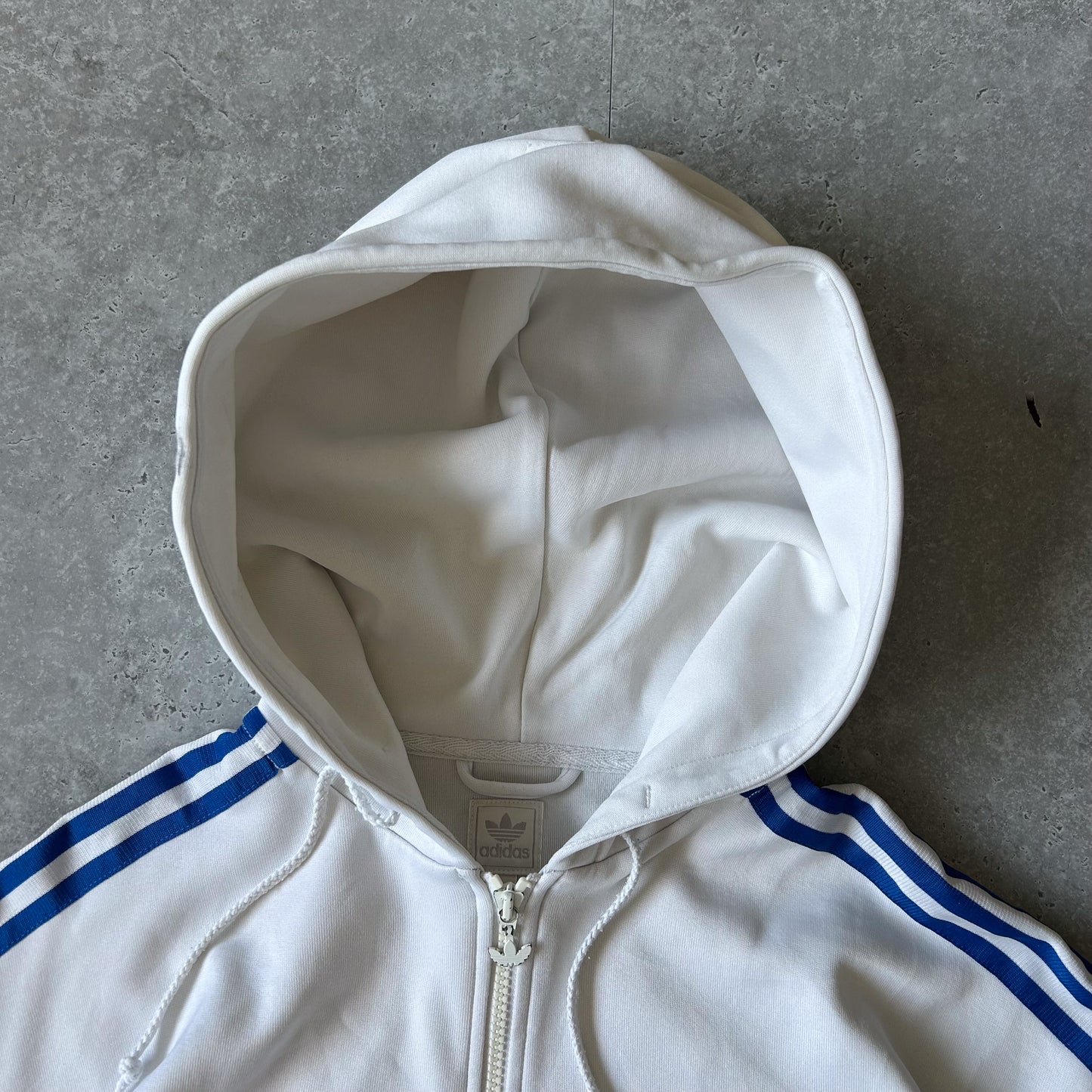 Adidas Vintage White Hoodie with Blue Stripes