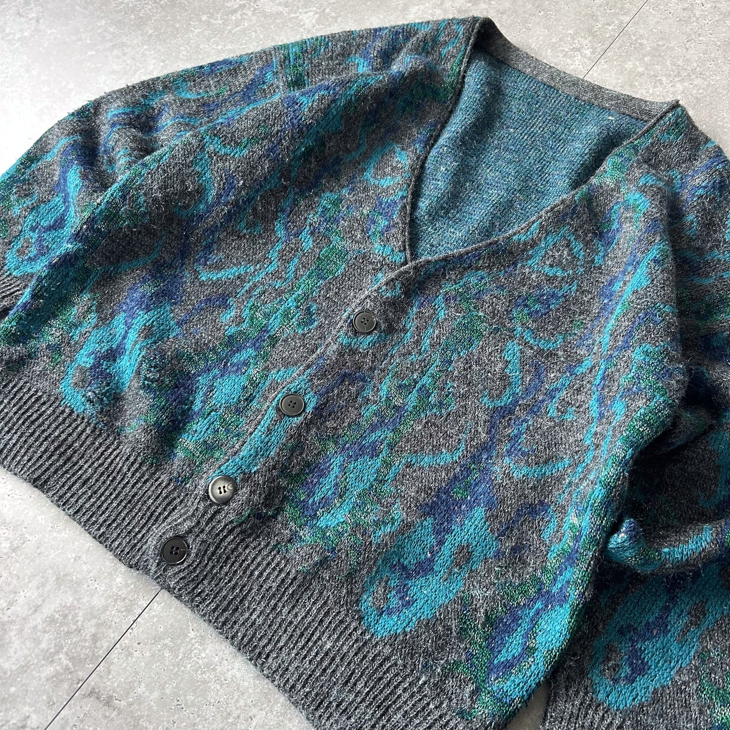 Grey & Teal Abstract Pattern Knit Cardigan, Men's V-Neck Button Front