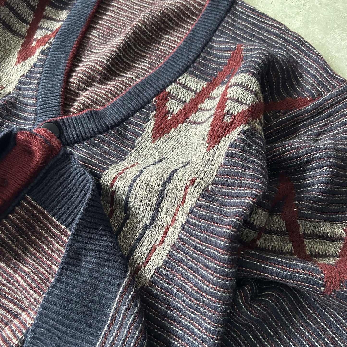 Vintage Geometric Knit Cardigan - Navy, Cream & Burgundy (Men's)