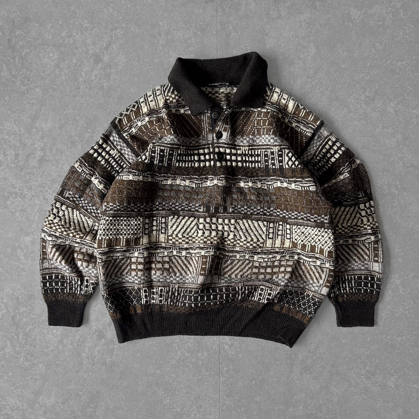 Vintage Geometric Jacquard Polo Knit Sweater - Disc 2000