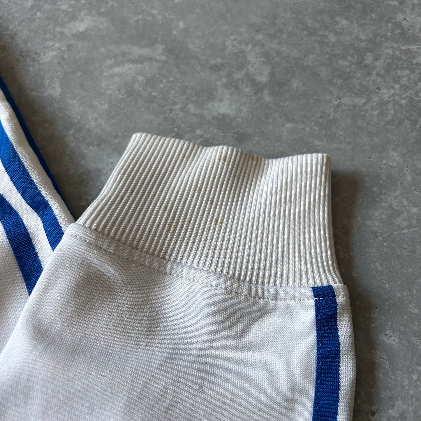 Adidas Vintage White Hoodie with Blue Stripes
