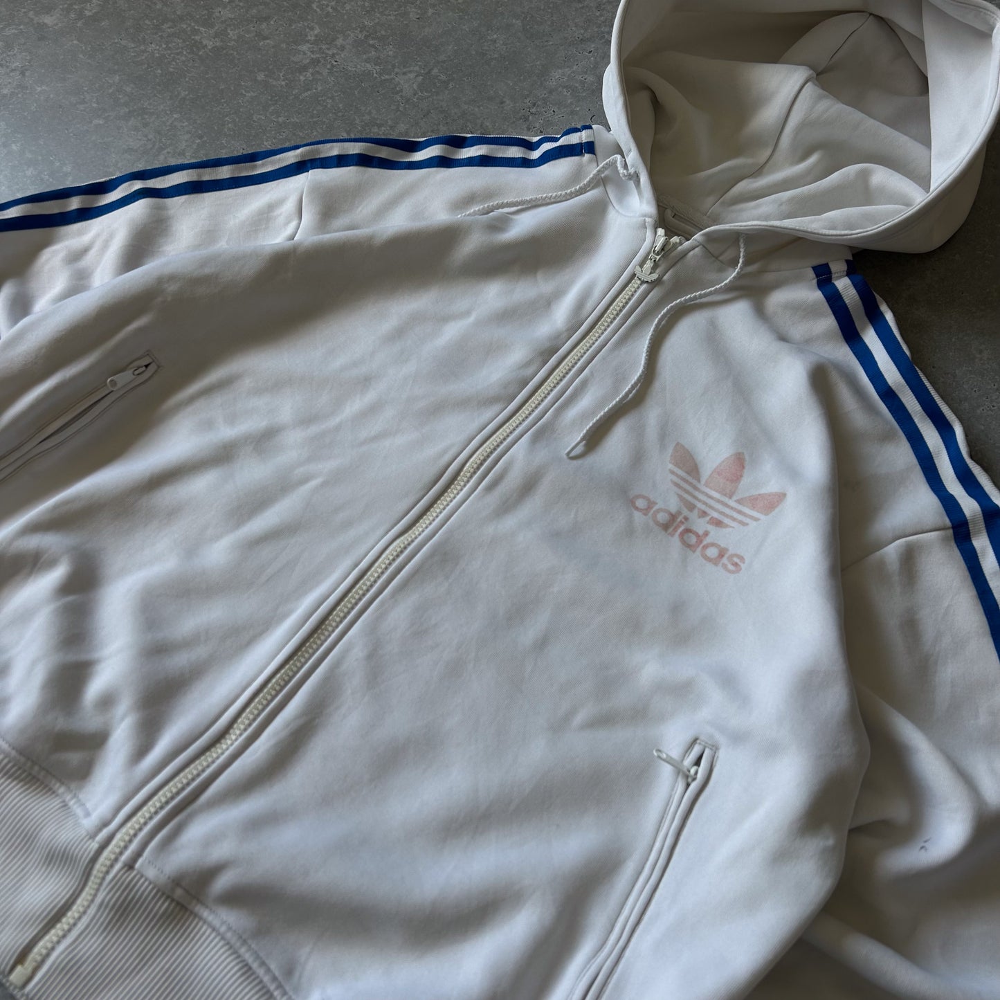 Adidas Vintage White Hoodie with Blue Stripes