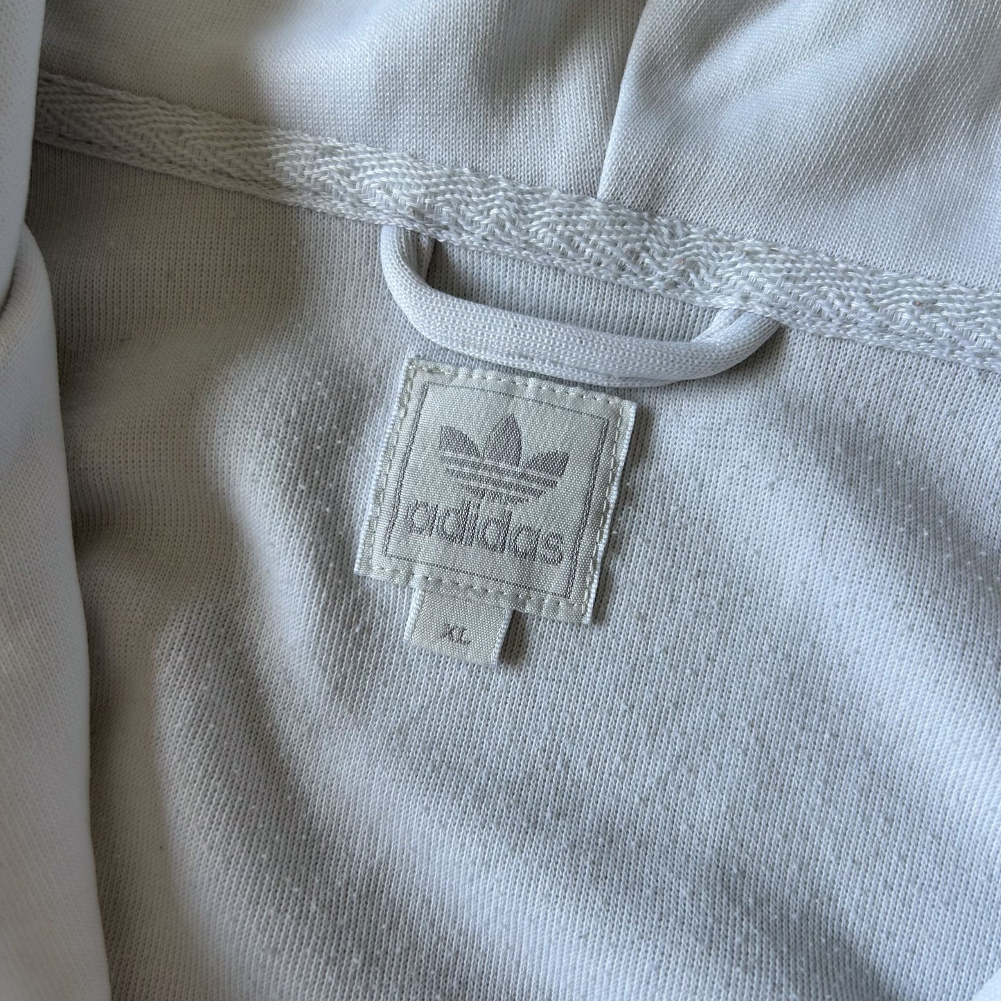Adidas Vintage White Hoodie with Blue Stripes
