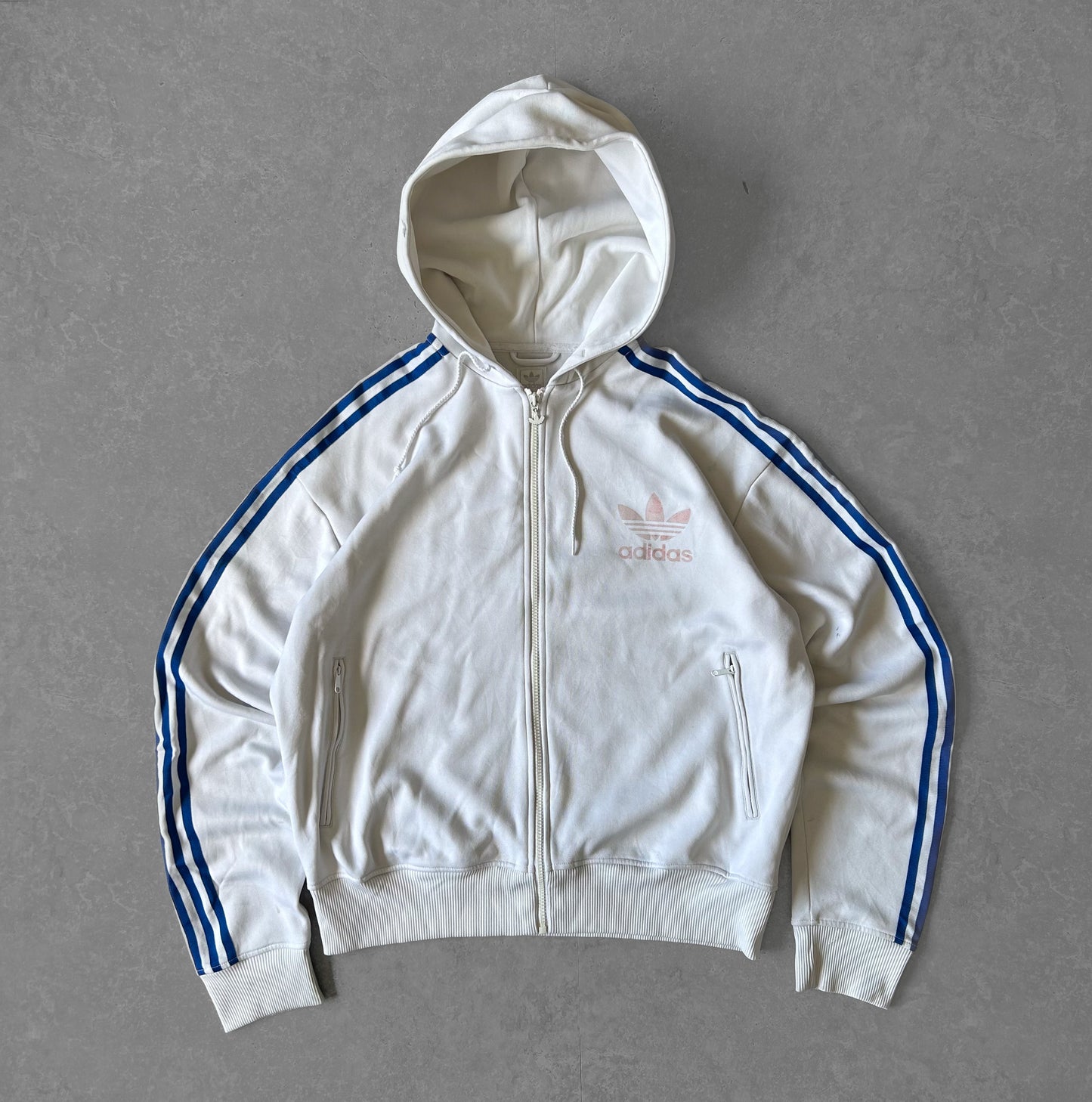 Adidas Vintage White Hoodie with Blue Stripes