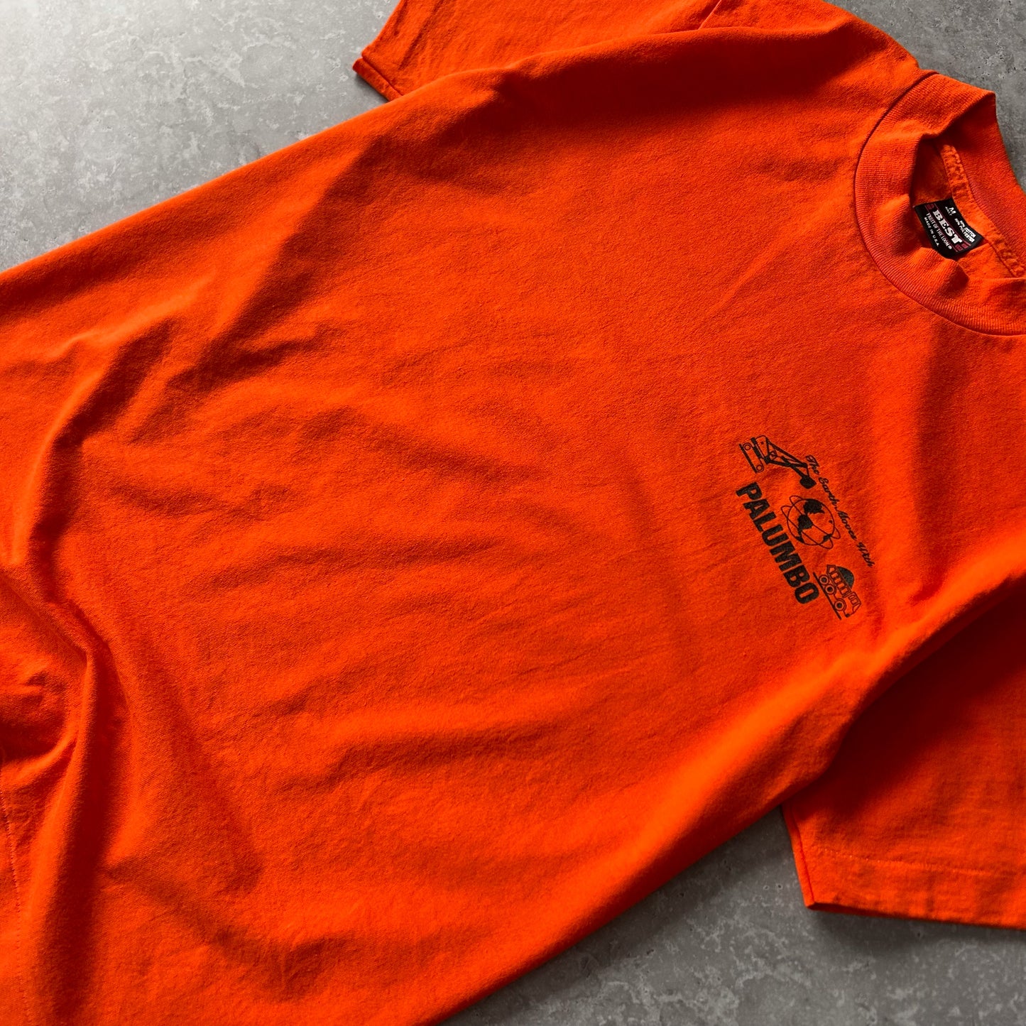 Vintage Single Stitch Palumbo Construction Orange Pocket Logo Tee (Made in USA)