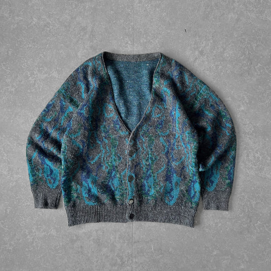Grey & Teal Abstract Pattern Knit Cardigan, Men's V-Neck Button Front