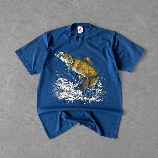 Vintage Single Stitch 1985 Jerzees Trout Fishing Graphic T-Shirt (Made in USA)