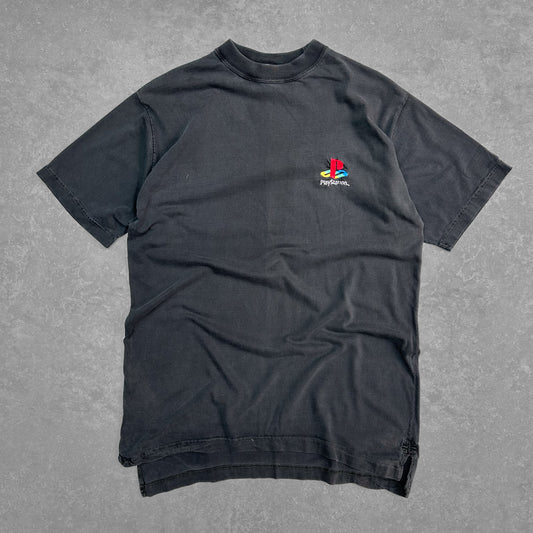 1990s | Vintage PlayStation Faded Embroidered T-Shirt - Black (L/XL)