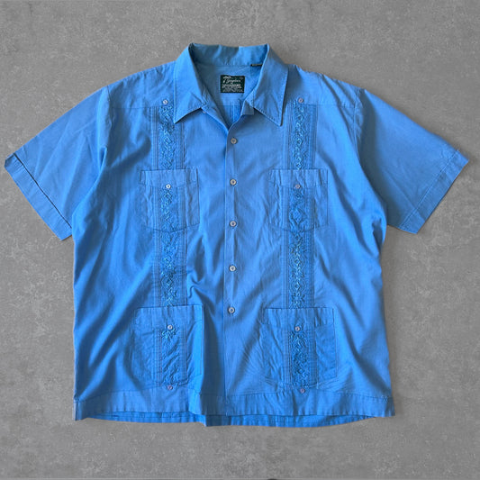1990s - vintage blue short sleeve guayabera cuban shirt