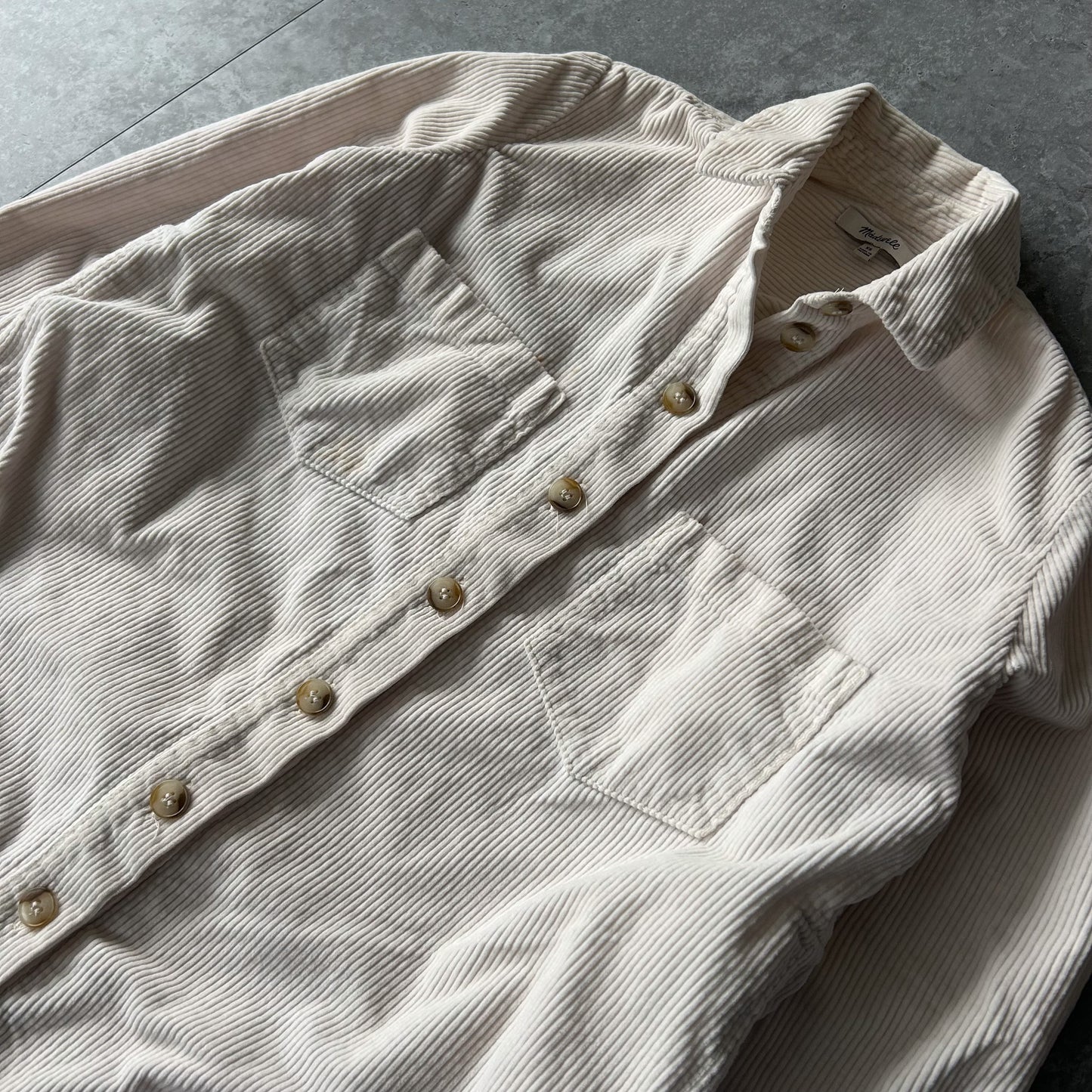 Beige Corduroy Button-Up Shirt with Pockets