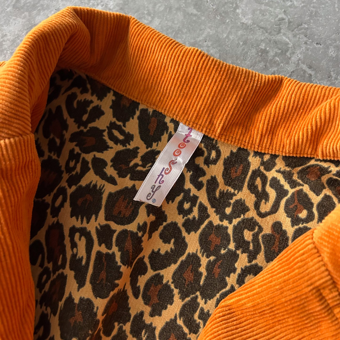 Orange Corduroy Jacket with Leopard Print Lining Interior