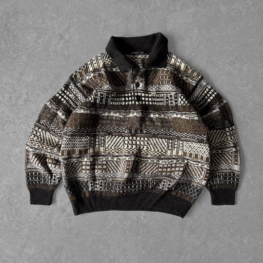 Vintage Geometric Jacquard Polo Knit Sweater - Disc 2000