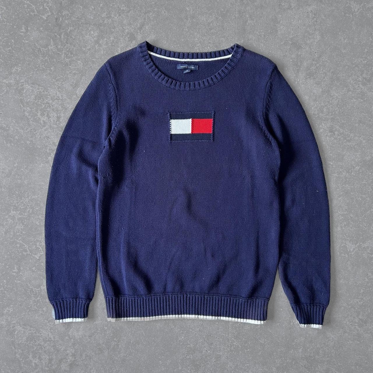 1990s Tommy Hilfiger Navy Knit Sweater With Iconic Flag Logo