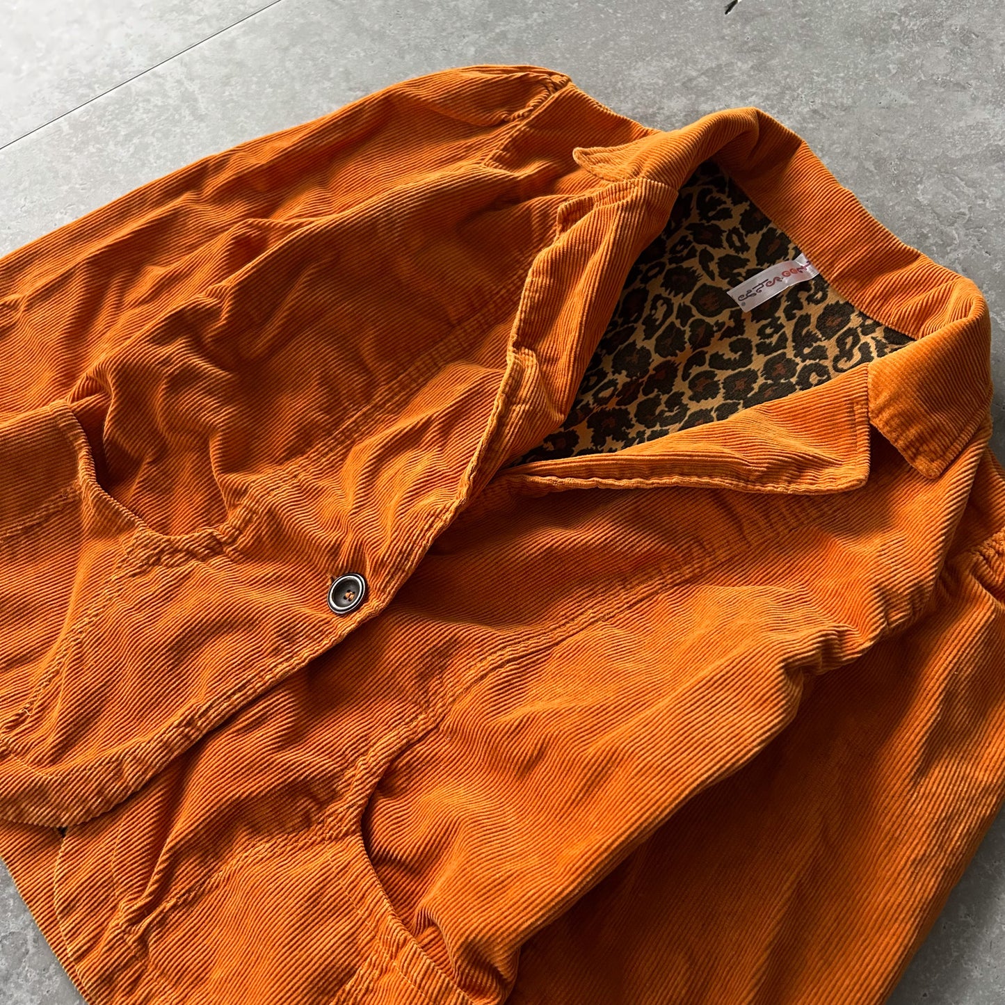 Orange Corduroy Jacket with Leopard Print Lining Interior