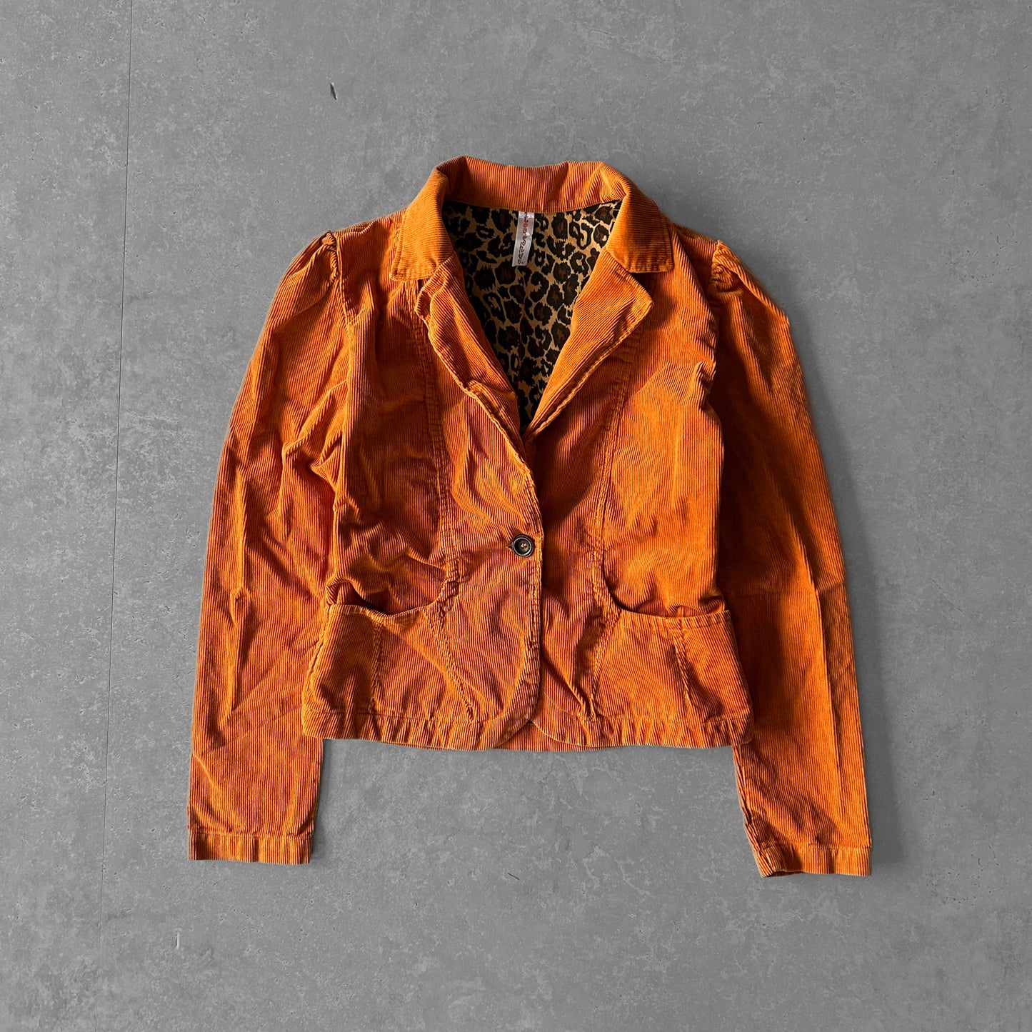 Orange Corduroy Jacket with Leopard Print Lining Interior