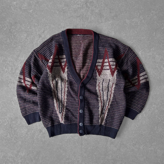 Vintage Geometric Knit Cardigan - Navy, Cream & Burgundy (Men's)