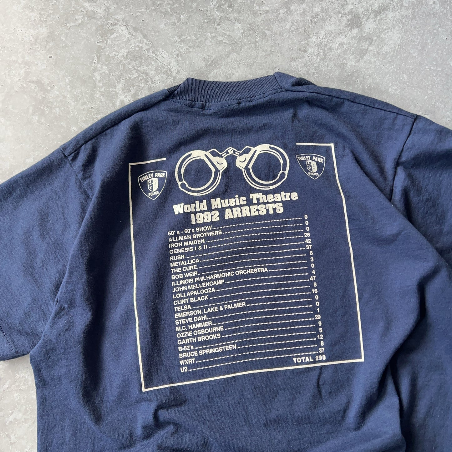 Vintage Men's Single Stitch Screen Stars Best Tinley Park Police World Music Theatre 1992 Arrests Tee