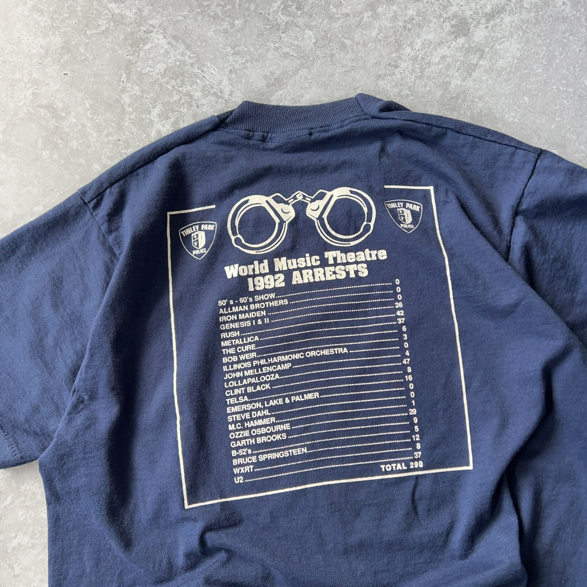 Vintage Men's Single Stitch Screen Stars Best Tinley Park Police World Music Theatre 1992 Arrests Tee