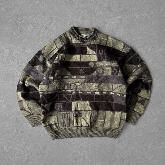 Olive Geometric Pattern Knit Jumper Vintage Menswear Sweater